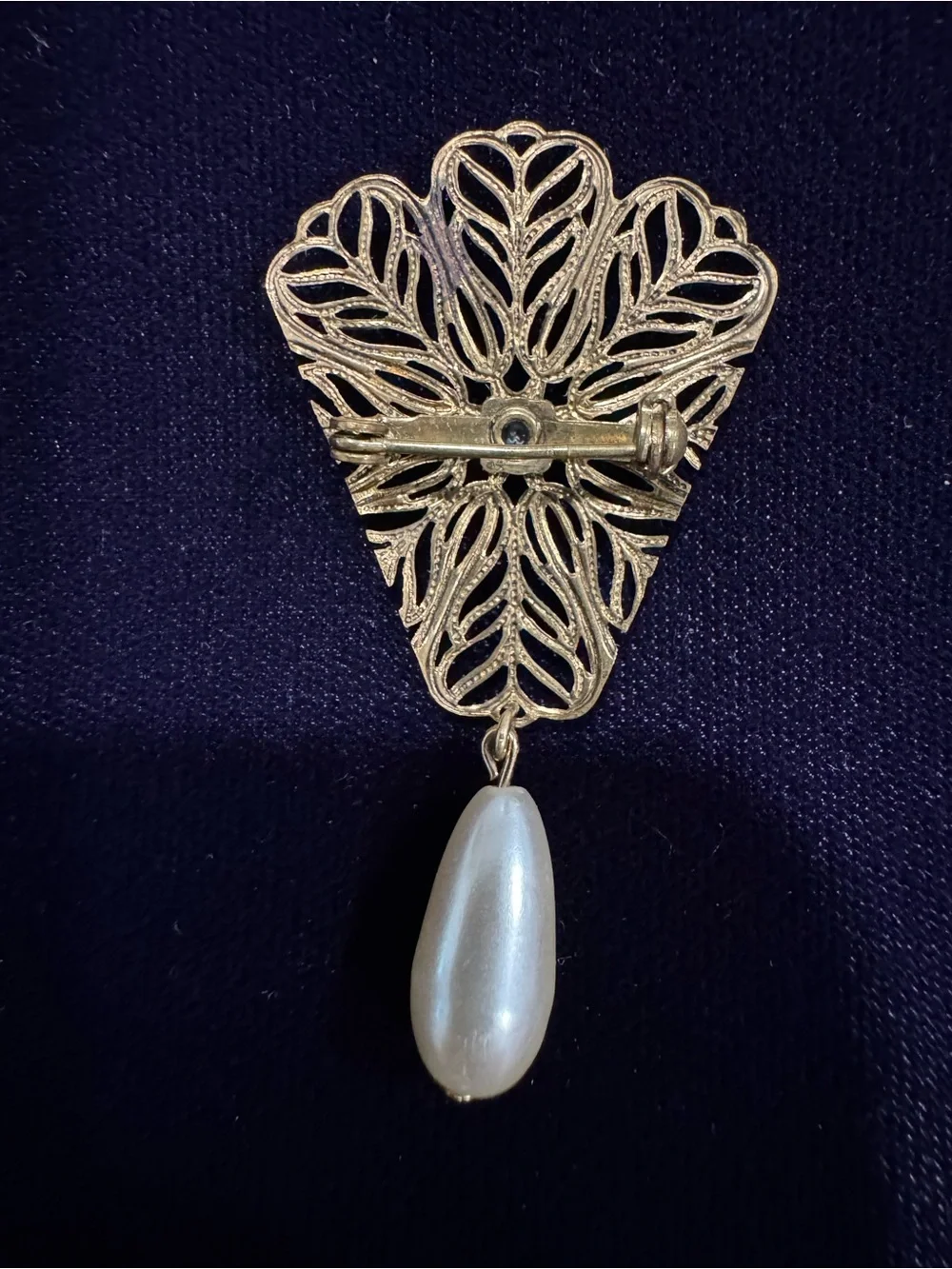 Gold Filigree Teardrop Pearl Brooch with Red Accent